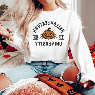 Women's Vintage Halloween Town Chic University Pumpkin Long Sleeve Crew Neck Sweatshirt