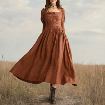 Ladies Vintage Puffed Sleeve Chic Western Style Cotton And Linen Rustic Boho Dress