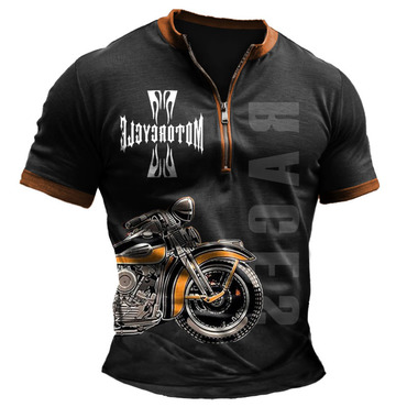 Men's Motorcycle Flame Races Chic Vintage Color Block Zipper Henley Collar Short Sleeve T-shirt