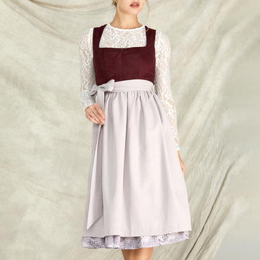 Women's Vintage Oktoberfest Leaf Print Chic Bow Square Neck Burgundy Dirndl Dress No Lace Top Included