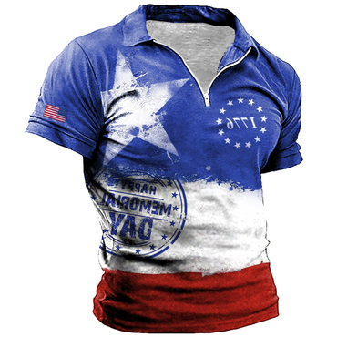 Men's American Flag Independence Chic Day Star Patriot Zipper Print Comfortable And Breathable T-shirt