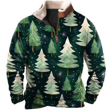 Men's Vintage Christmas Tree Print Chic Fleece Collar Quarter Zip Stand Collar Sweatshirt