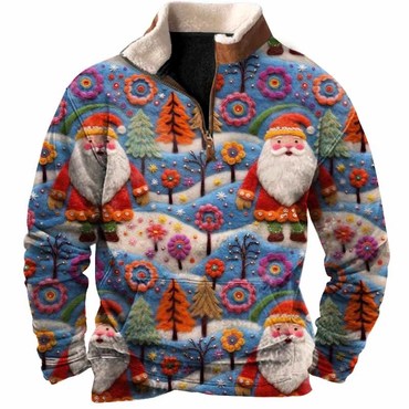 Men's Vintage Santa Claus Chic 3d Print Fleece Stand Collar Ugly Christmas Sweatshirt