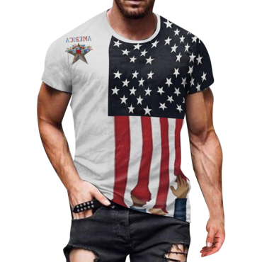 Men's Vintage American Flag Chic Flowers Print Short Sleeve Crew Neck T-shirt