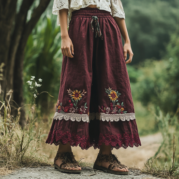 Women's Vintage Rustic Boho Chic Lace Floral Linen Skirt