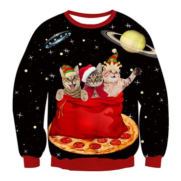 Unisex Space Pizza Cats Print Chic Crew Neck Ugly Christmas Sweatshirt