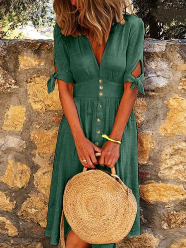 V-neck Solid Color Cotton And Chic Linen Midi Dress