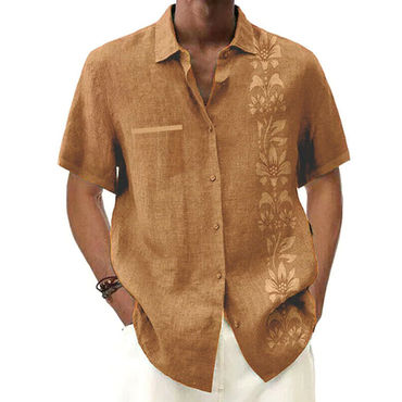 Mens Button Cotton Linen Chic Casual Printed Short Sleeve Shirt