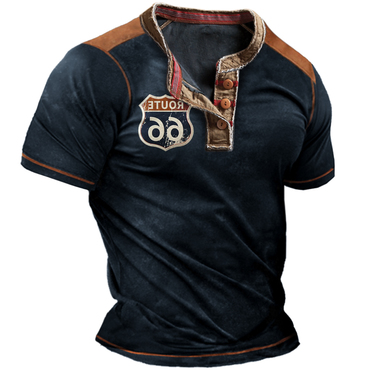 Vintage Men's Route 66 Chic Printed Henley Neck Short Sleeve T-shirt