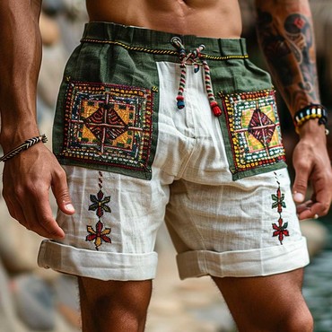 Men's Vintage Cotton And Chic Linen Ethnic Aztec Hippie Print Color Block Casual Elastic Shorts