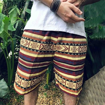 Men's Vintage Hippie Boho Chic Tribal Aztec Print Elastic Drawstring Shorts