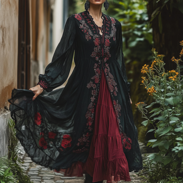 Ladies Vintage Double-decker Dark Chic Red Floral Print Brown Lace Western Style V-neck Rustic Boho Dress