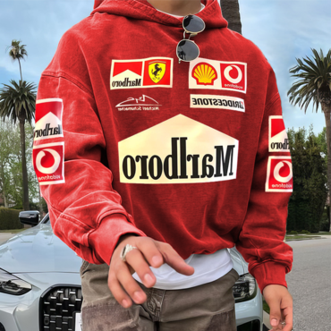 Men's Retro Racing Print Chic Red Oversized Hoodie