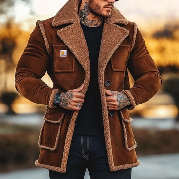 Men's Vintage Suede Fleece Chic Fur Reverse Collar Mid-length Coat Sherpa Lined Jacket