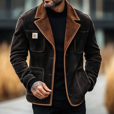 Men's Vintage Suede Multi-pocket Chic Fleece Lapel Collar Outdoor Layer Jacket