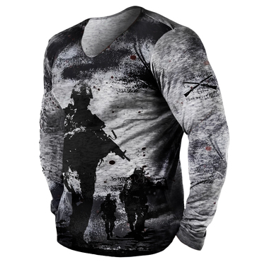 Men's Outdoor Comfortable And Chic Breathable Retro Soldier Print Long-sleeved T-shirt