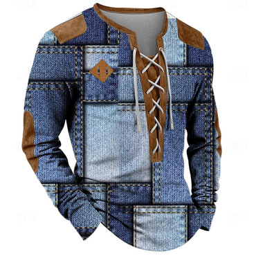 Men's Patchwork Print Long Sleeve Chic Henley Neck T-shirt