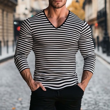 Men's Vintage Outdoor Stripe Chic V-neck Long Sleeve T-shirt