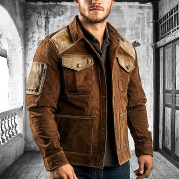 Men's Vintage Suede Multi-pocket Chic Patchwork Color Block Outdoor Motorcycle Jacket