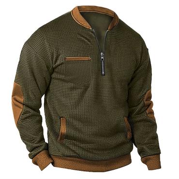 Men's Vintage Waffle Contrast Chic Pocket Zipper Henley Sweatshirt