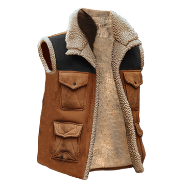 Men's Outdoor Vintage Lamb Chic Wool Multi Pocket Splicing Suede Vest Jacket