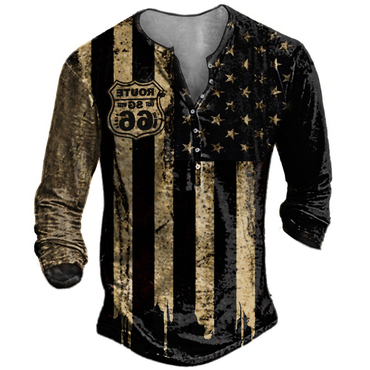 Men's American Flag Route Chic 66 Vintage Henley Button Long-sleeved Top