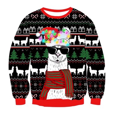 Unisex Bulbs Llama With Chic Glasses Print Crew Neck Ugly Christmas Sweatshirt