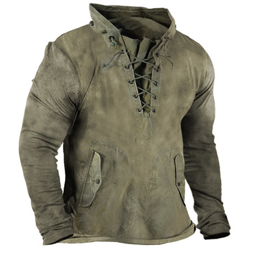 Men's Vintage Outdoor Tactical Chic Lace-up Hooded T-shirt