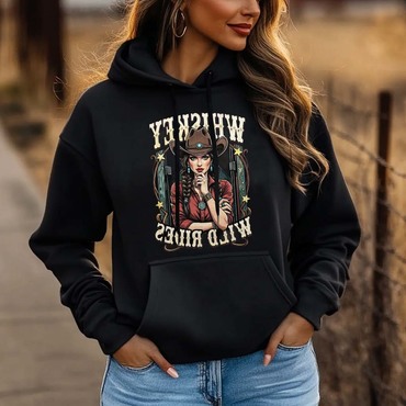 Women's Vintage Western Cowgirl Chic Whiskey Wild Rides Print Pocket Black Hoodie