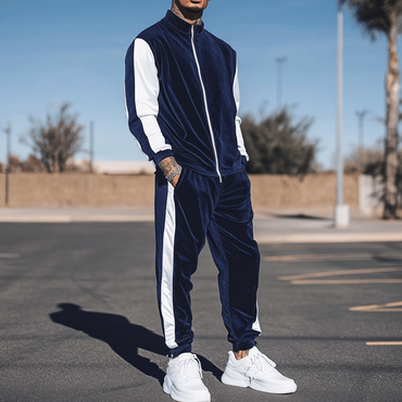 Men's Navy Blue Velour Chic Tracksuit Set 2 Piece Zip Up Sweatshirt Jacket Drawstring Pants