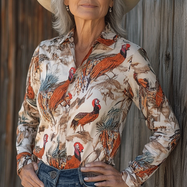 Women's Western Cowboy Turkey Chic Printed Thanksgiving Apricot Color Shirts