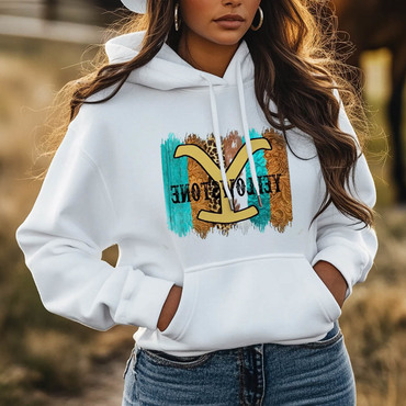 Women's Vintage Western Cowgirls Chic Yellowstone Print Pocket White Hoodie