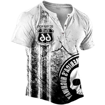 Men's Vintage Route 66 Chic Skull Print Henley Short Sleeve T-shirt