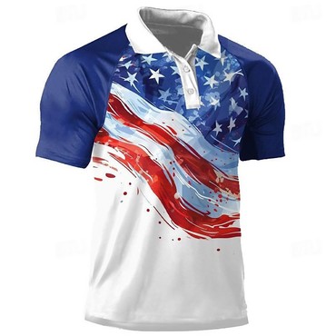 Men's Vintage America Flag Chic July 4th Print Color Block Raglan Sleeve Short Sleeve Polo T-shirt