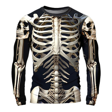 Men's Vintage Skull Skeleton Chic Halloween Long Sleeve Casual Crew Neck T-shirt