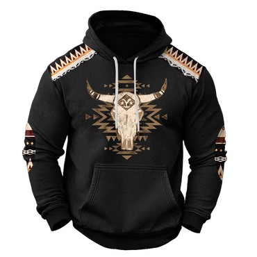 Men's Vintage Yellowstone Western Chic Cowboy Aztec Pocket Long Sleeve Casual Hoodie