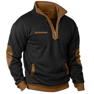 Men's Vintage Waffle Contrast Chic Pocket Quarter Zip Stand Collar Sweatshirt