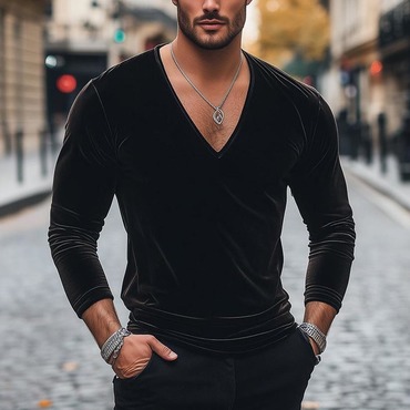 Men's Vintage Outdoor Velvet Chic V-neck Long Sleeve T-shirt