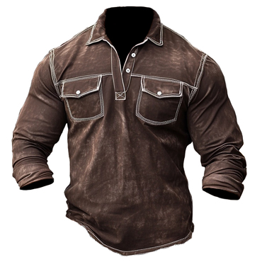 Men's Retro Casual Long Sleeve Chic Pocket Lapel T-shirt