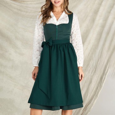 Women's Vintage Oktoberfest Chic Bow Square Neck Dark Green Dirndl Dress No Lace Top Included