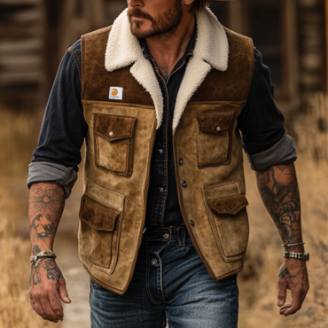 Men's Vintage Suede Patchwork Chic Lamb Velvet Multi-pocket Outdoor Motorcycle Vest