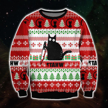 Unisex Black Cat With Chic Knife 3d Christmas Ugly Sweatshirt