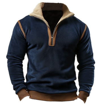 Men's Vintage Suede Patchwork Chic Lamb Fleece Quarter Zip Stand Collar Pullover