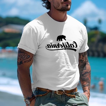 Men's Vintage 90s Surf Chic California Bear Print Beach Crew Neck Short Sleeve T-shirt