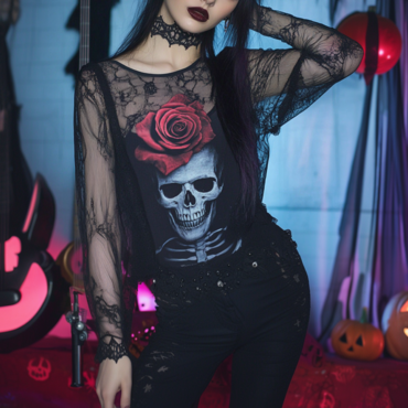 Ladies' Vintage Halloween Skull Chic Rose Print Top