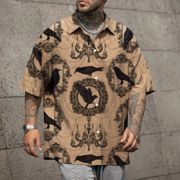 Men's Shirt Halloween Crow Print Chic Lapel Short Sleeve Shirt