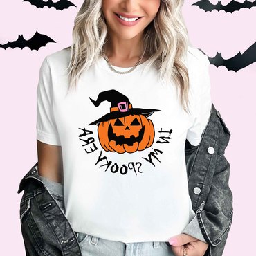 Women's Vintage Halloween Pumpkin Chic In My Spooky Era Short Sleeve Crew Neck T-shirt