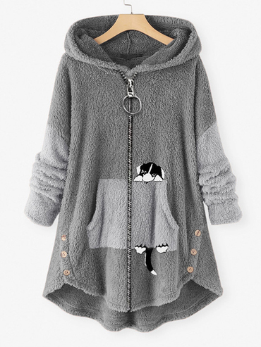 Women Casual Cat Print Chic Zip Hooded Coat