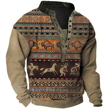 Western Aztec Panttern Outdoor Chic Vintage Henley Collar Sweatshirt