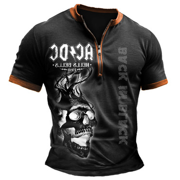 Men's Vintage Acdc Rock Chic Skull Color Block Zipper Henley Collar T-shirt